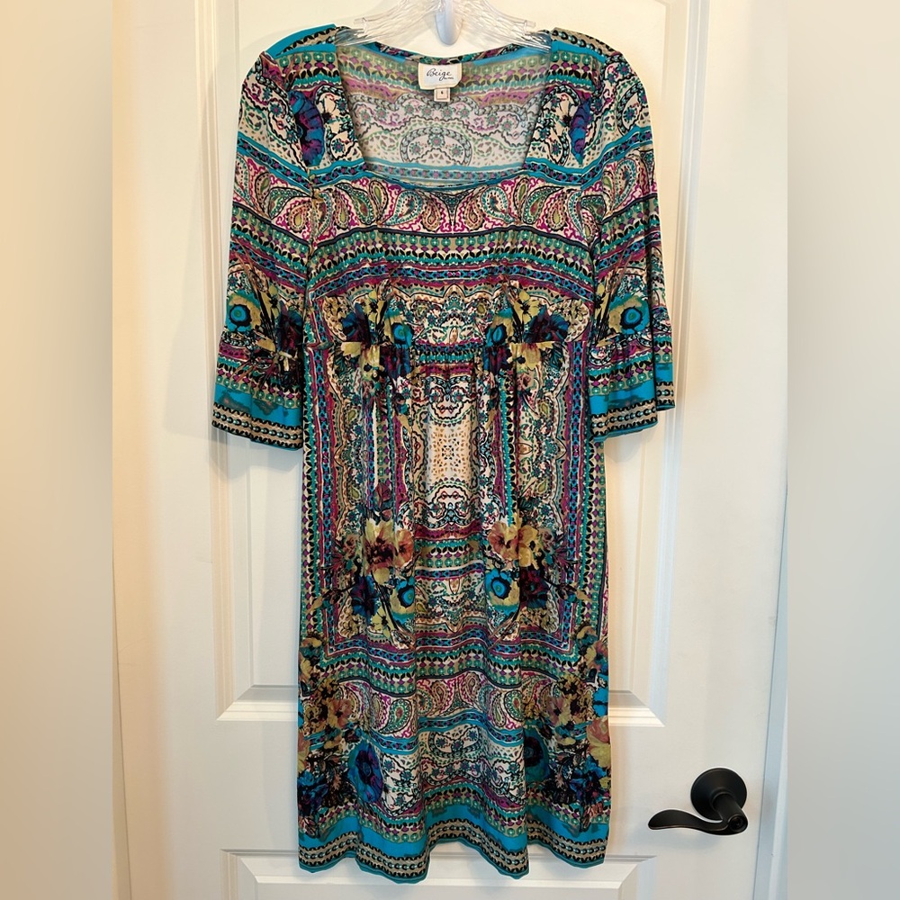 ECI 3/4 Sleeve Soft Jersey Knit Dress in Vibrant Mixed Print